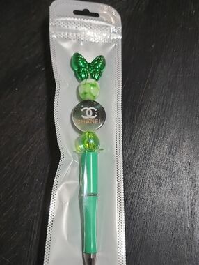 CHANEL Green Beaded Butterfly Pen with Silver Logo Disk